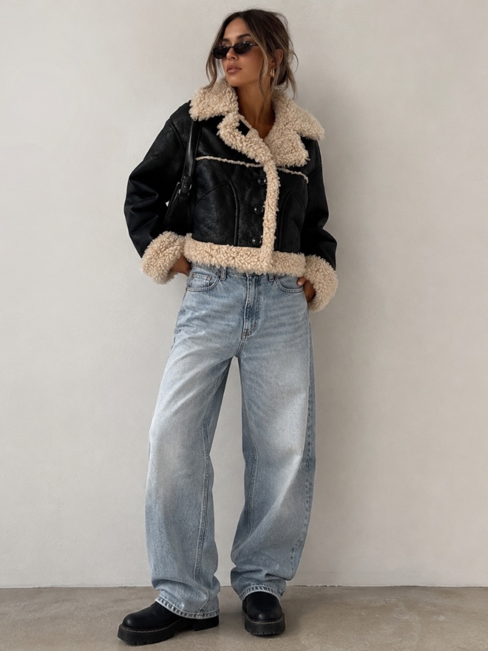 Urban Outfitters Rugged Black Faux Leather Sherpa Jacket SzXS Grunge Cool Girl